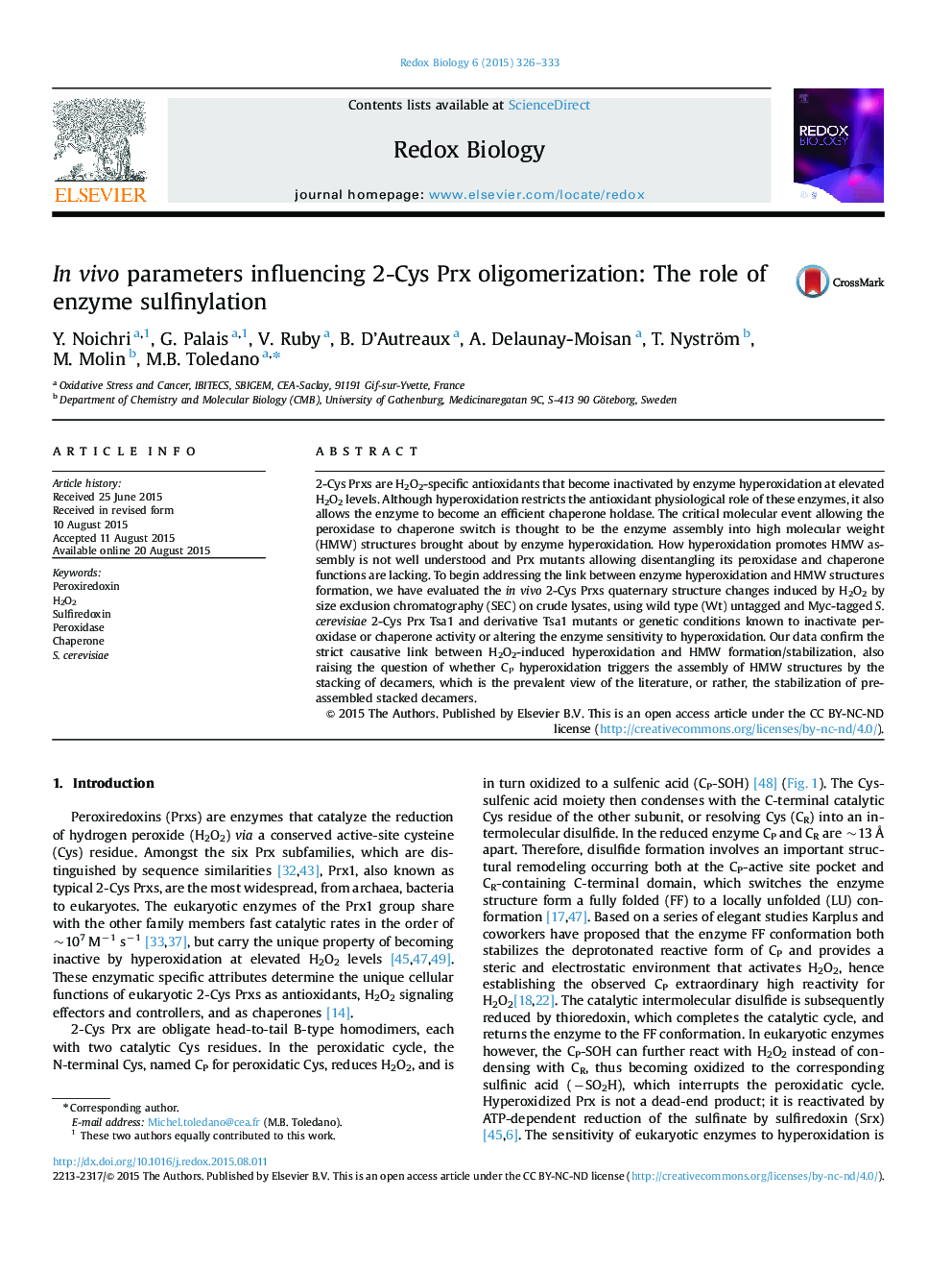 In vivo parameters influencing 2-Cys Prx oligomerization: The role of enzyme sulfinylation