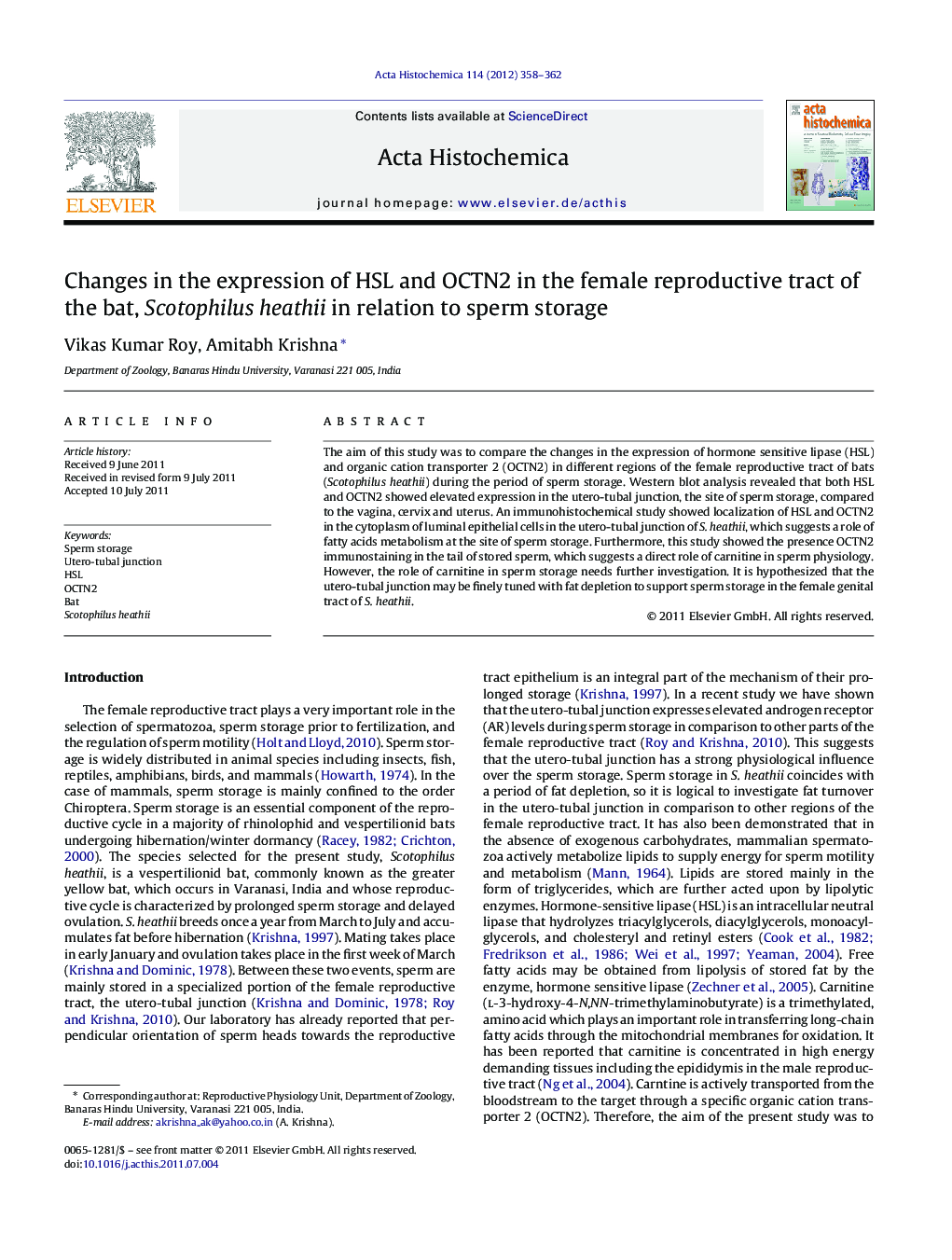 Changes in the expression of HSL and OCTN2 in the female reproductive tract of the bat, Scotophilus heathii in relation to sperm storage