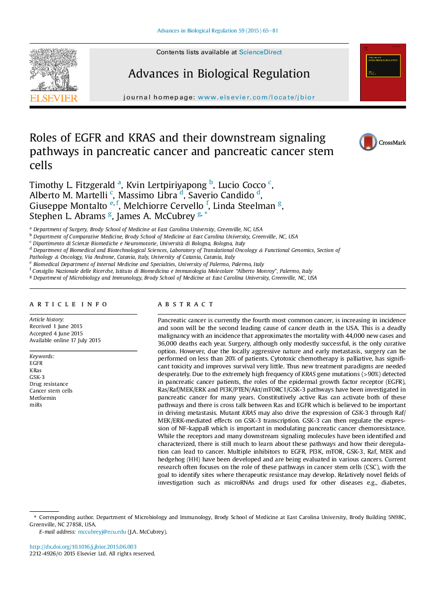 Roles of EGFR and KRAS and their downstream signaling pathways in pancreatic cancer and pancreatic cancer stem cells