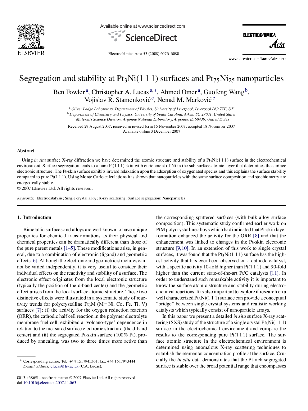 Segregation and stability at Pt3Ni(1 1 1) surfaces and Pt75Ni25 nanoparticles