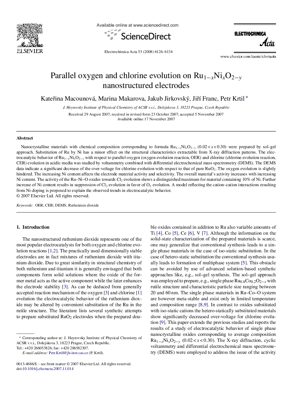 Parallel oxygen and chlorine evolution on Ru1−xNixO2−y nanostructured electrodes