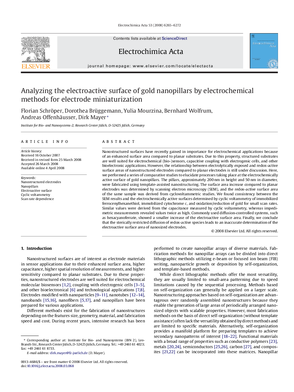 Analyzing the electroactive surface of gold nanopillars by electrochemical methods for electrode miniaturization