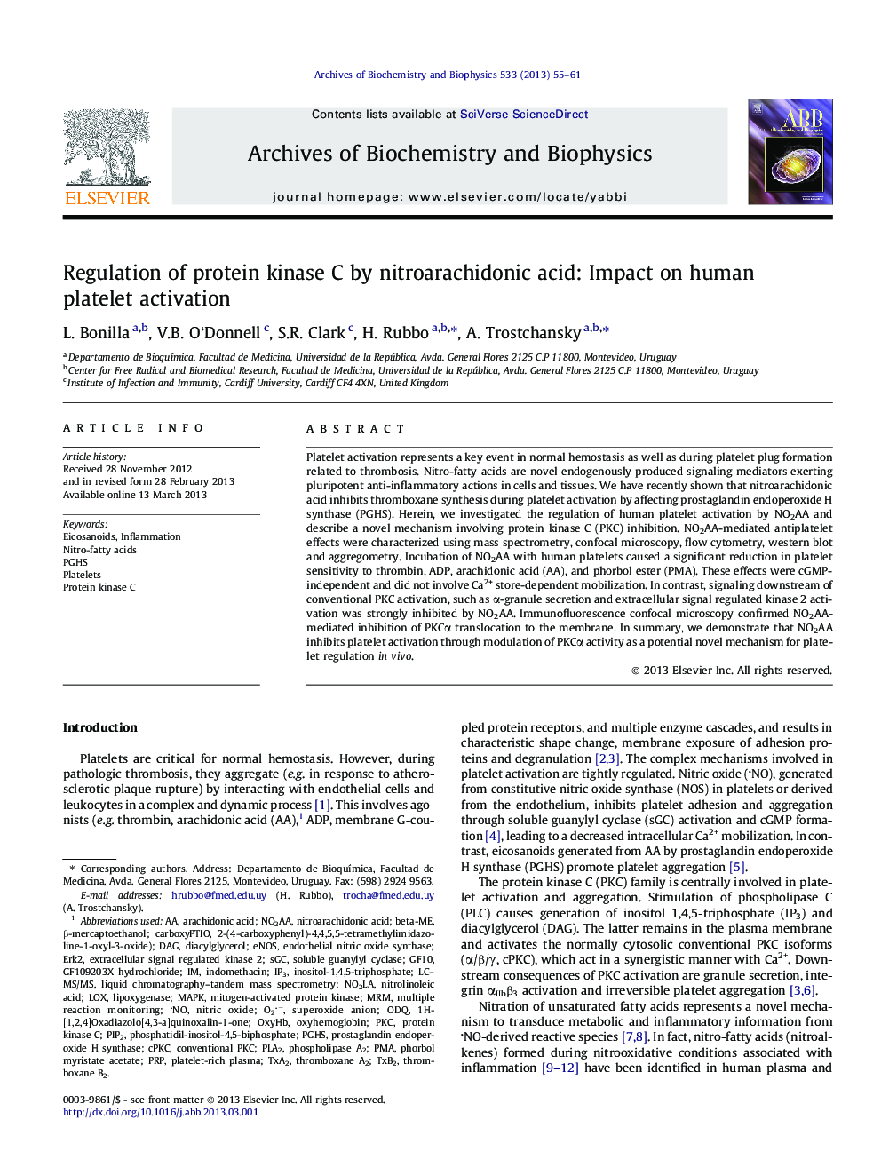 Regulation of protein kinase C by nitroarachidonic acid: Impact on human platelet activation