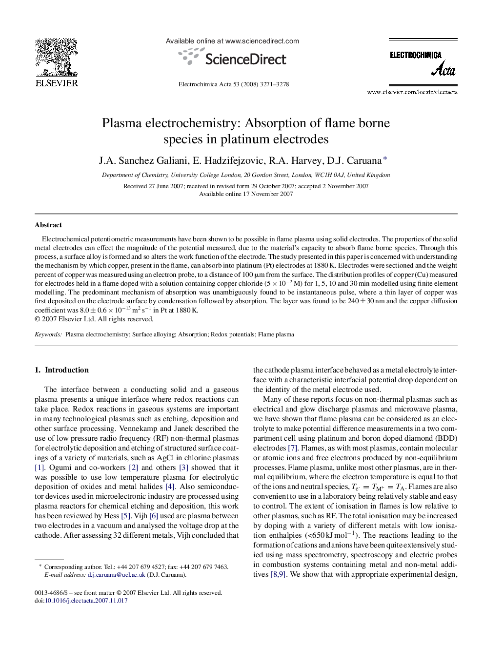 Plasma electrochemistry: Absorption of flame borne species in platinum electrodes