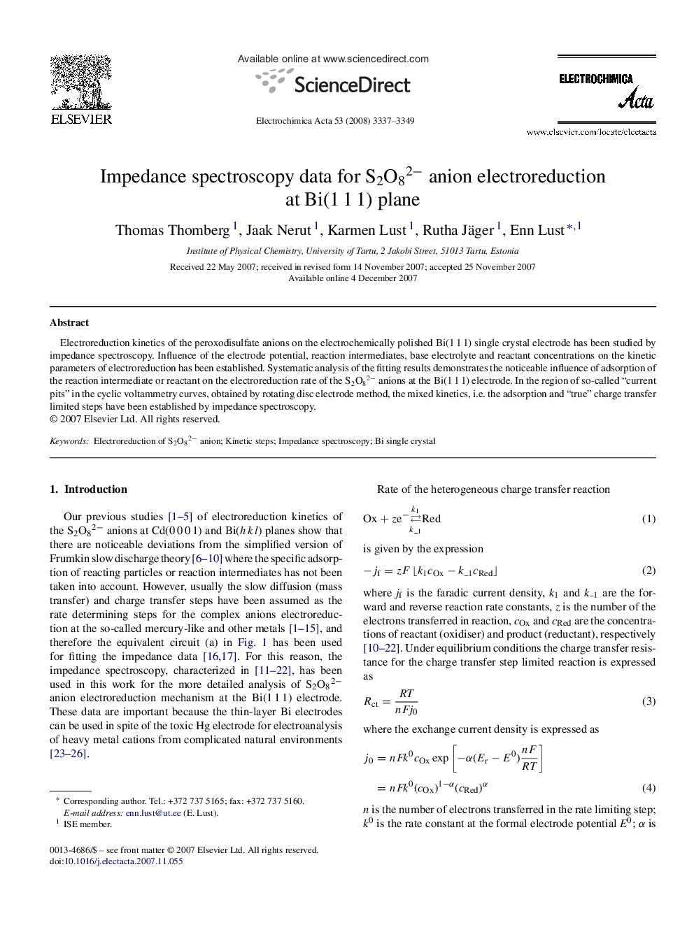 Impedance spectroscopy data for S2O82â anion electroreduction at Bi(1Â 1Â 1) plane