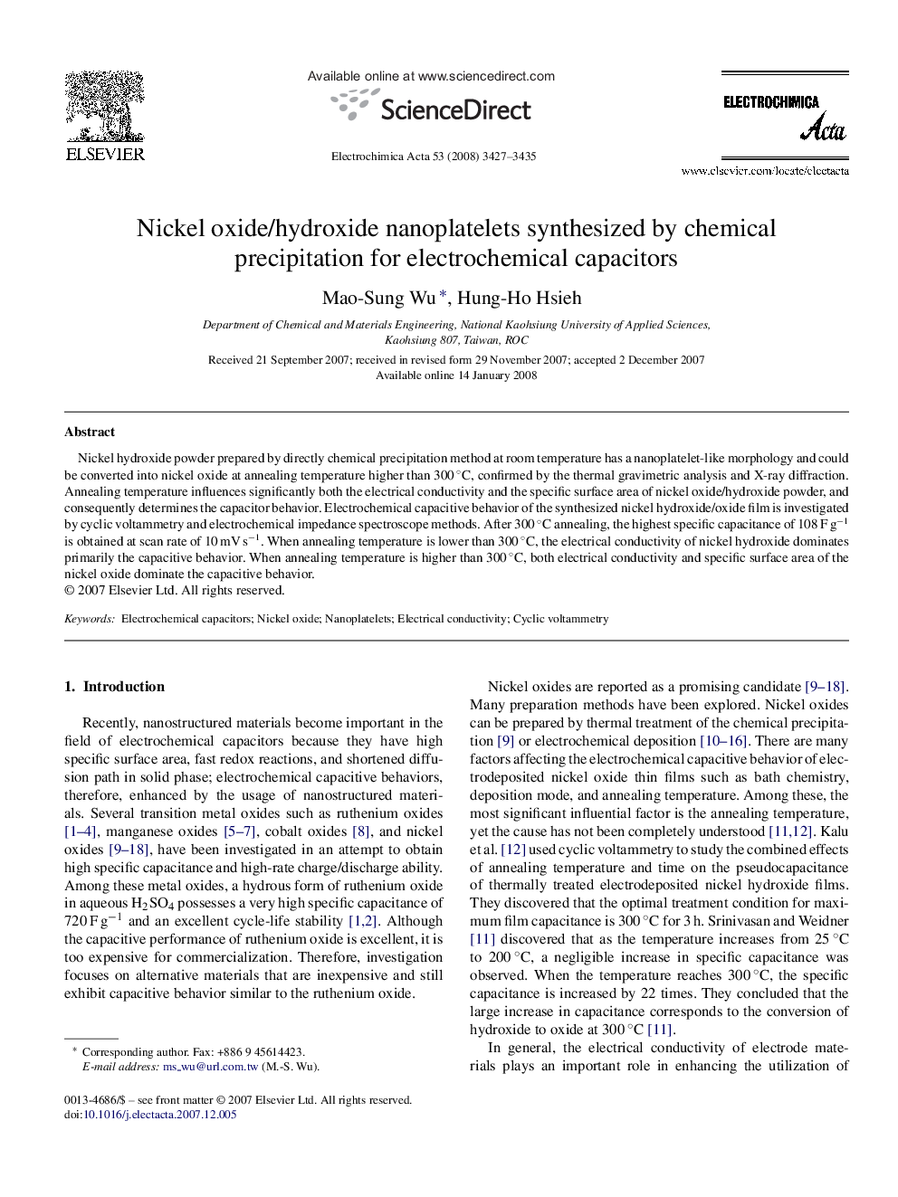 Nickel oxide/hydroxide nanoplatelets synthesized by chemical precipitation for electrochemical capacitors