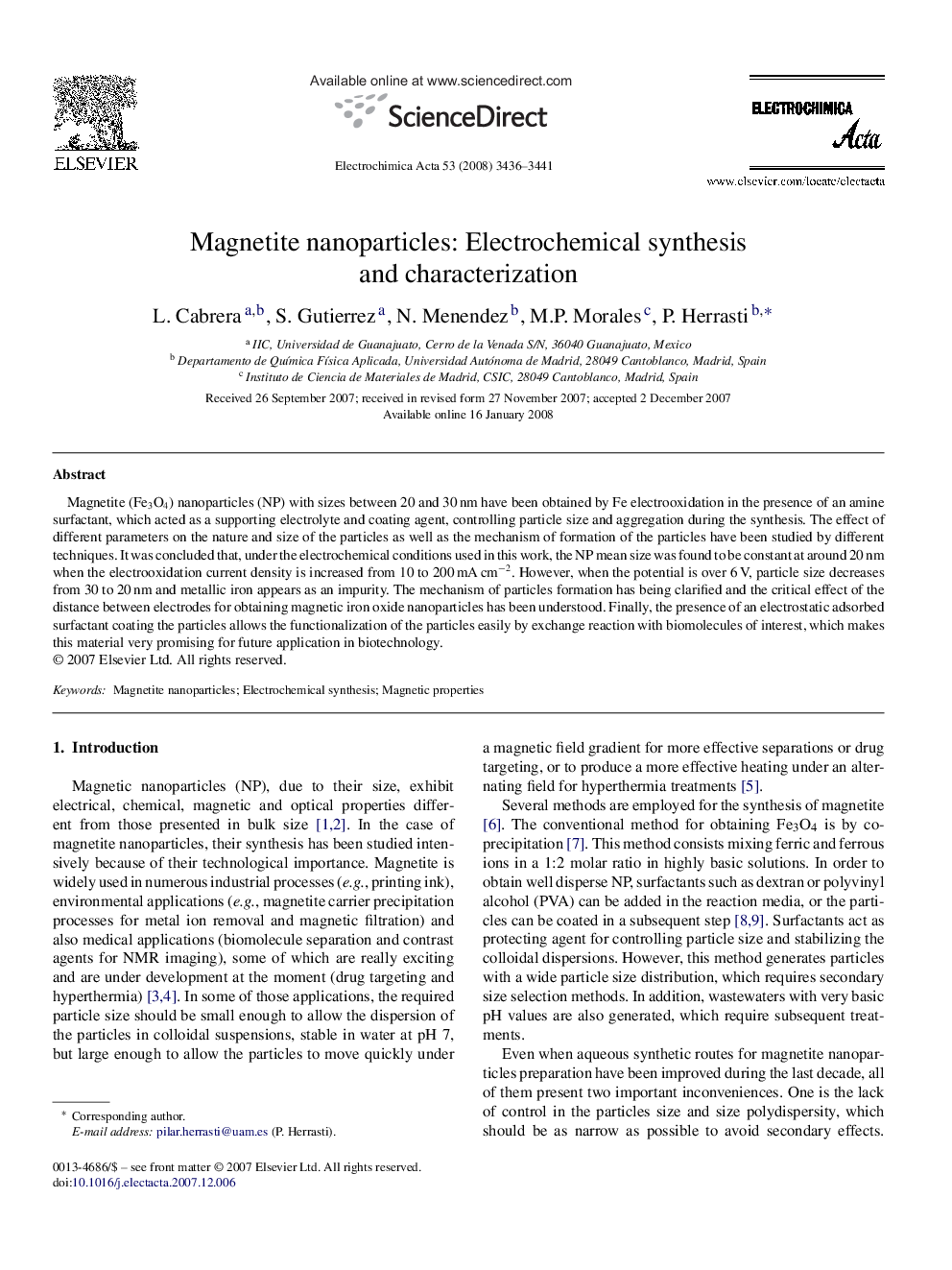 Magnetite nanoparticles: Electrochemical synthesis and characterization