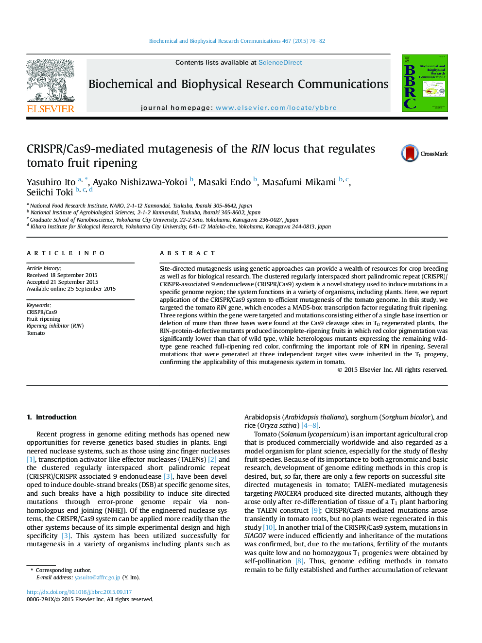 CRISPR/Cas9-mediated mutagenesis of the RIN locus that regulates tomato fruit ripening