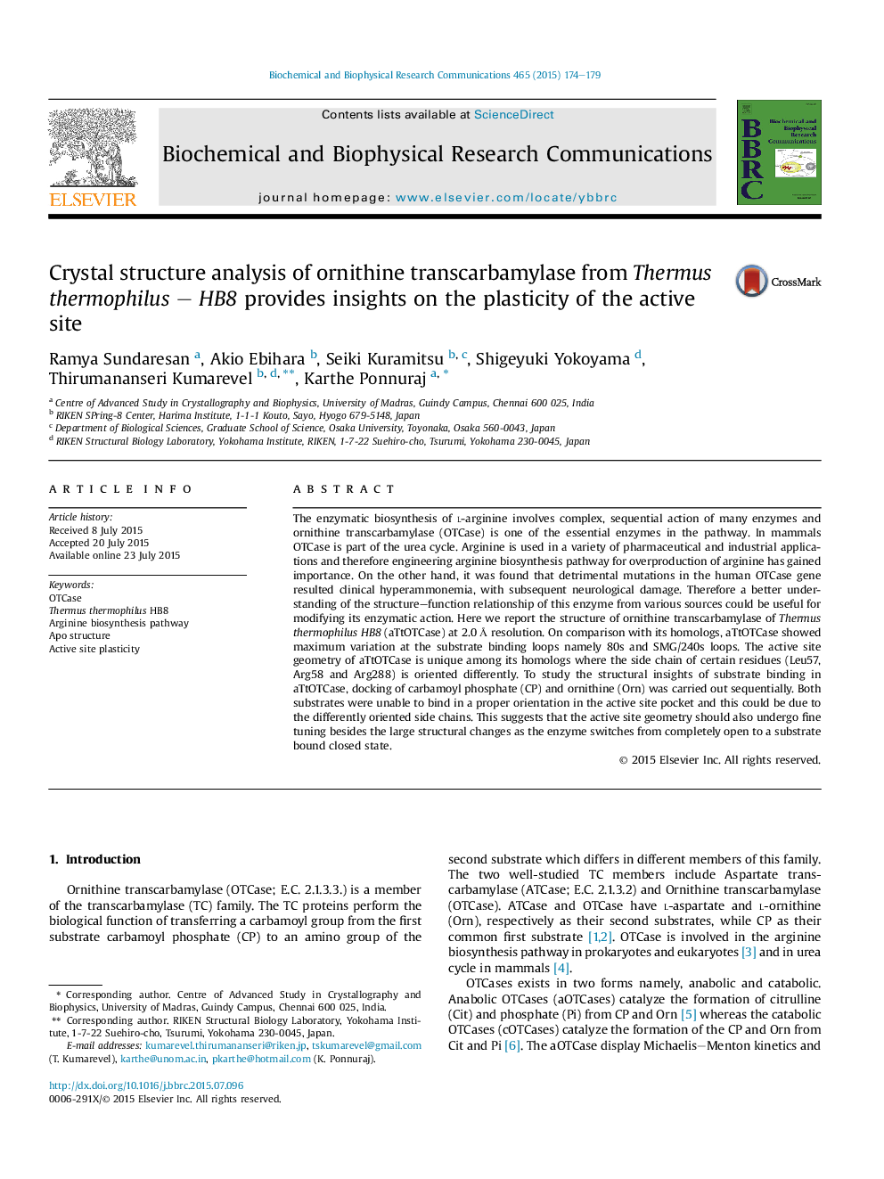 Crystal structure analysis of ornithine transcarbamylase from Thermus thermophilus - HB8 provides insights on the plasticity of the active site