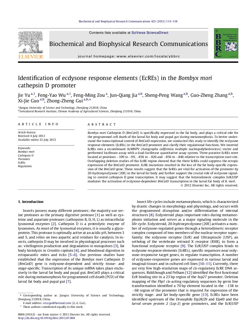 Identification of ecdysone response elements (EcREs) in the Bombyx mori cathepsin D promoter