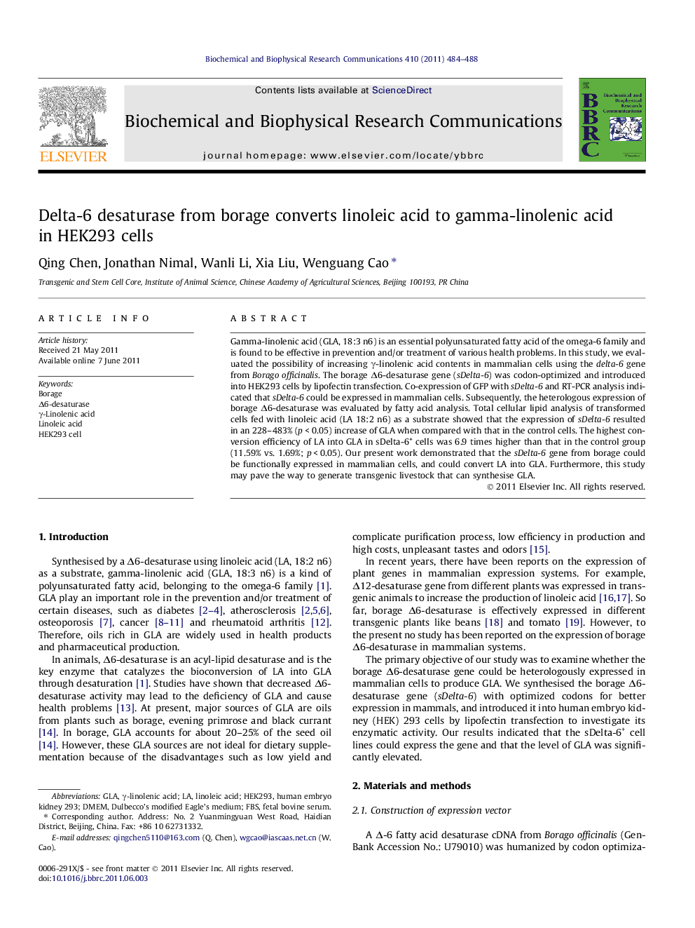 Delta-6 desaturase from borage converts linoleic acid to gamma-linolenic acid in HEK293 cells