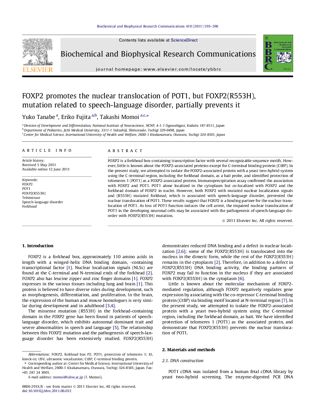 FOXP2 promotes the nuclear translocation of POT1, but FOXP2(R553H), mutation related to speech-language disorder, partially prevents it