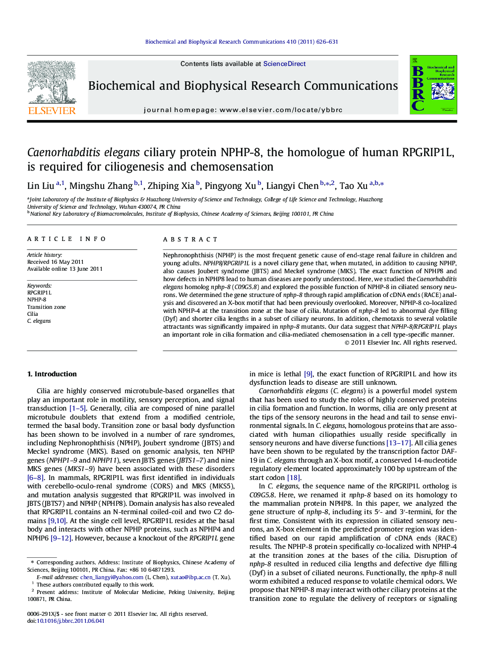 Caenorhabditis elegans ciliary protein NPHP-8, the homologue of human RPGRIP1L, is required for ciliogenesis and chemosensation