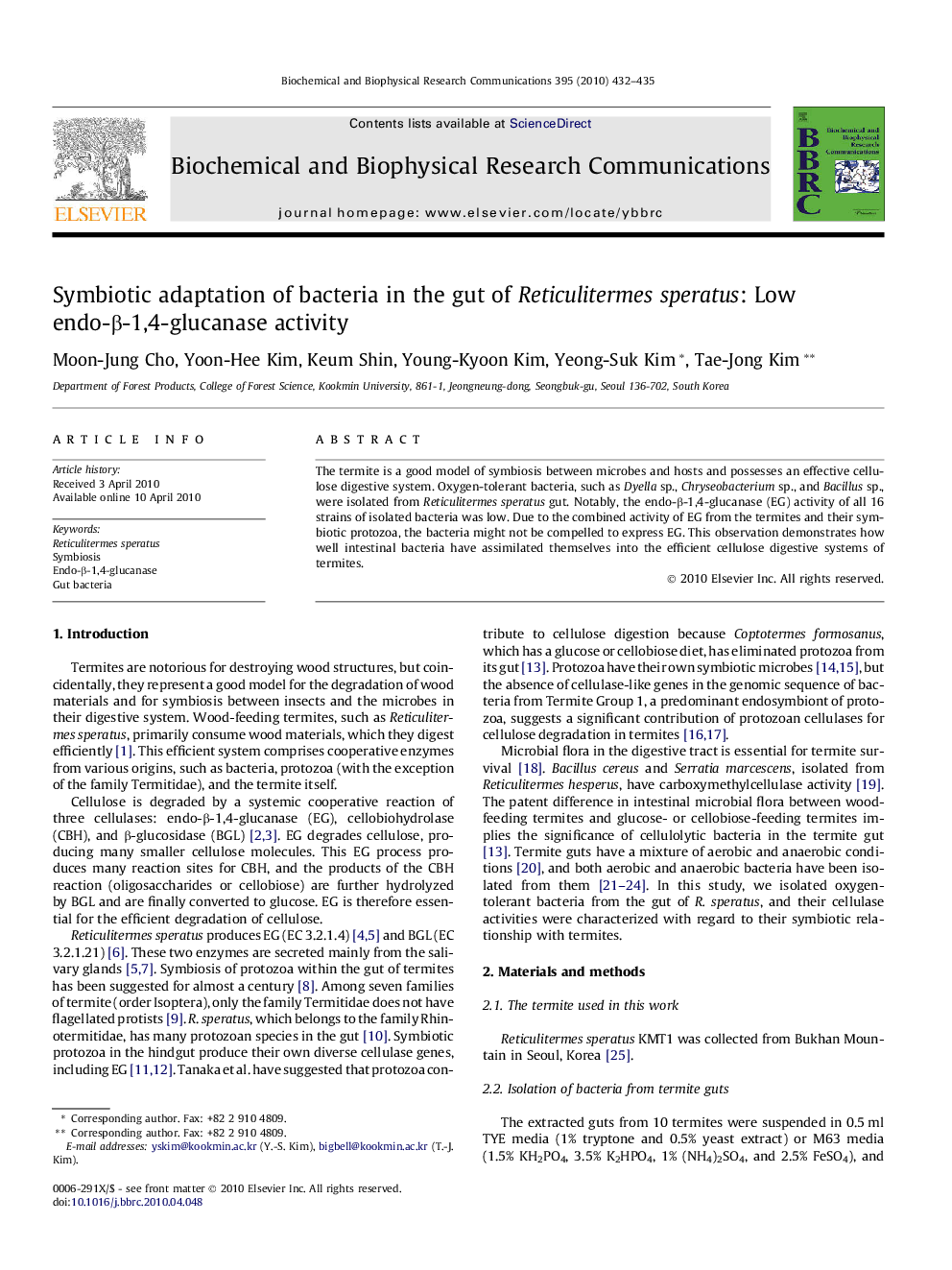 Symbiotic adaptation of bacteria in the gut of Reticulitermes speratus: Low endo-β-1,4-glucanase activity