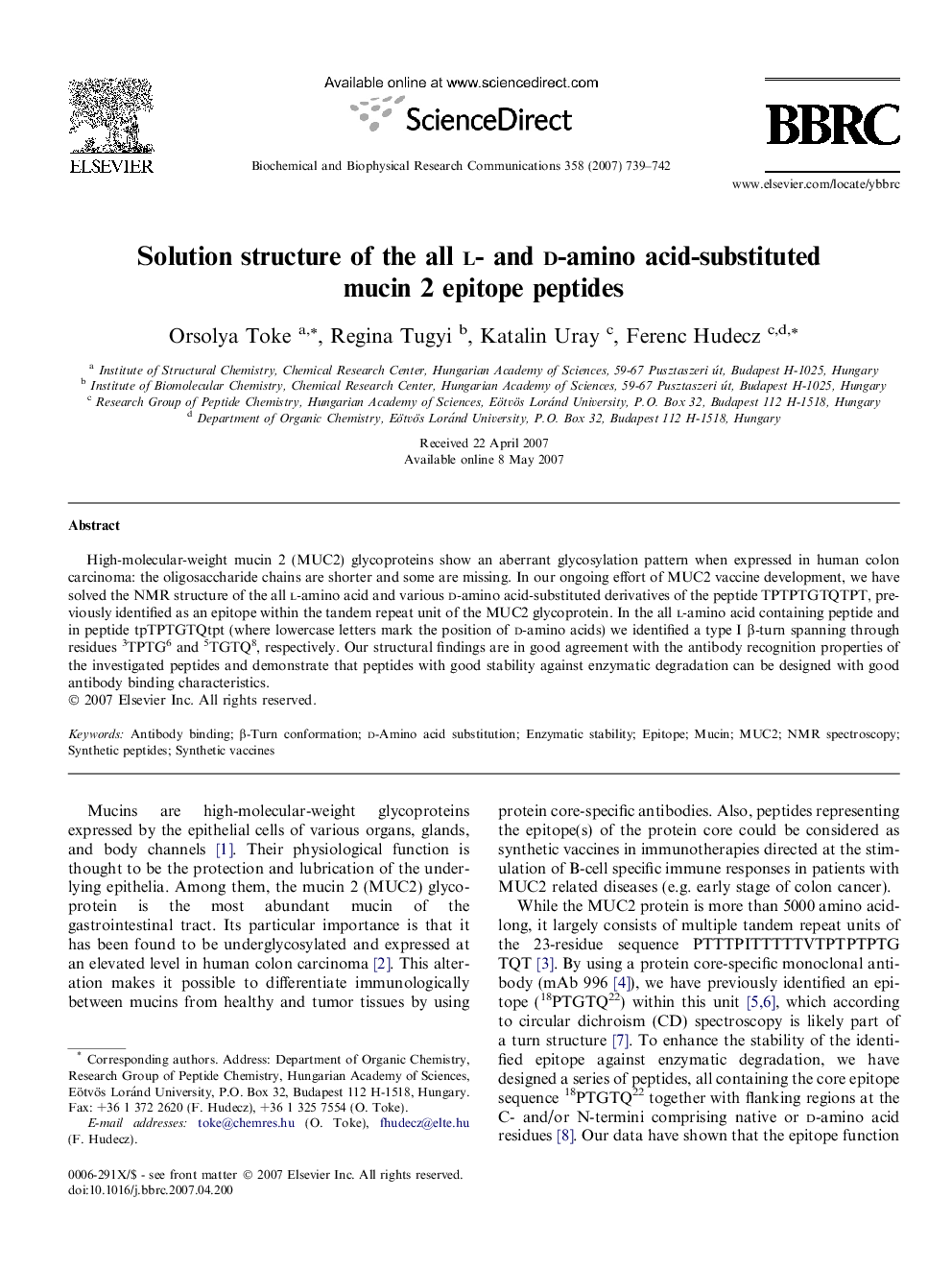 Solution structure of the all l- and d-amino acid-substituted mucin 2 epitope peptides