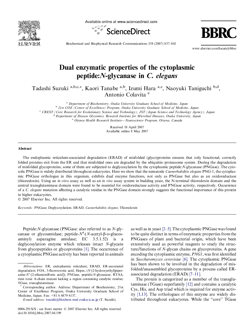 Dual enzymatic properties of the cytoplasmic peptide:N-glycanase in C. elegans