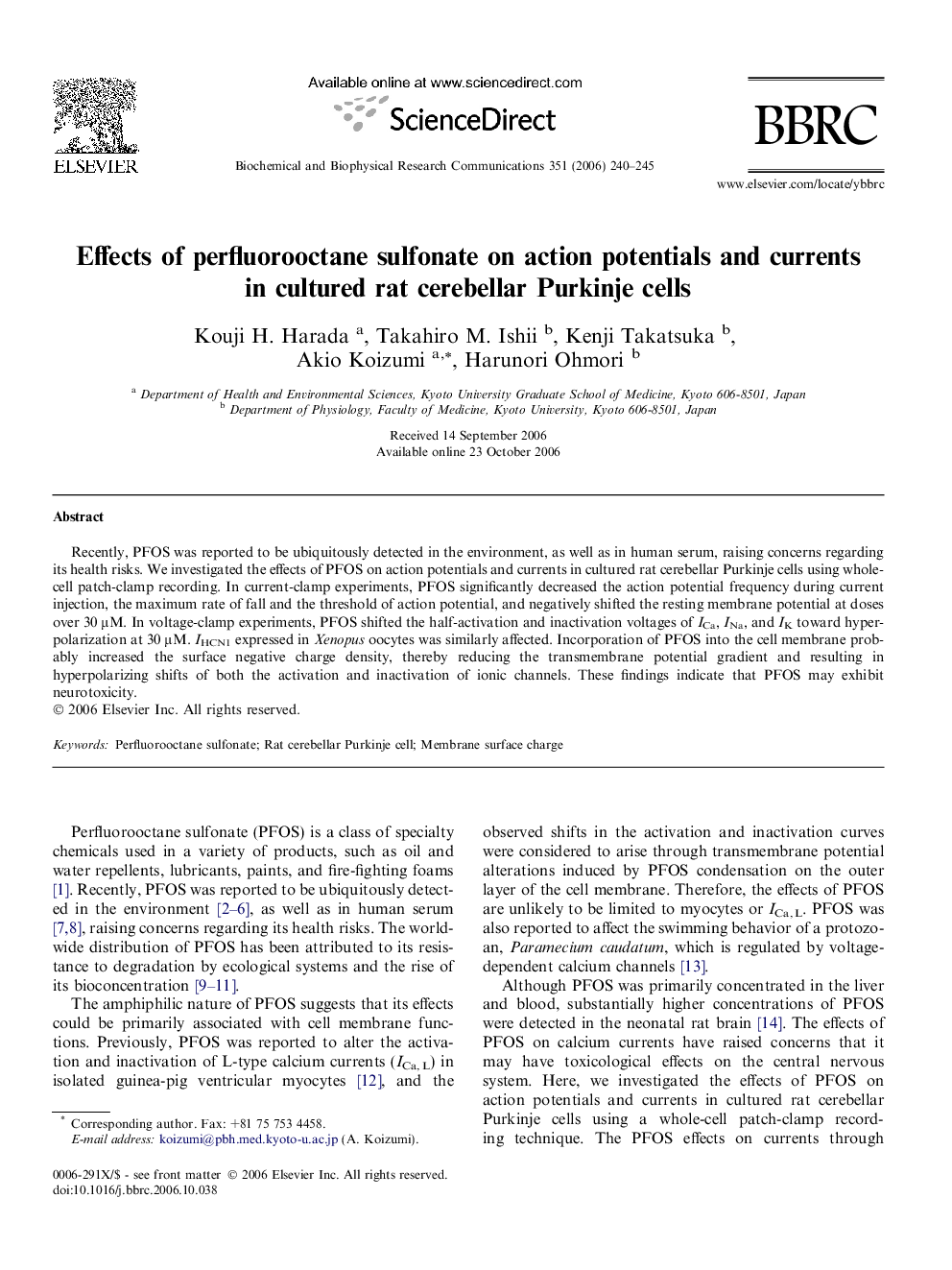 Effects of perfluorooctane sulfonate on action potentials and currents in cultured rat cerebellar Purkinje cells