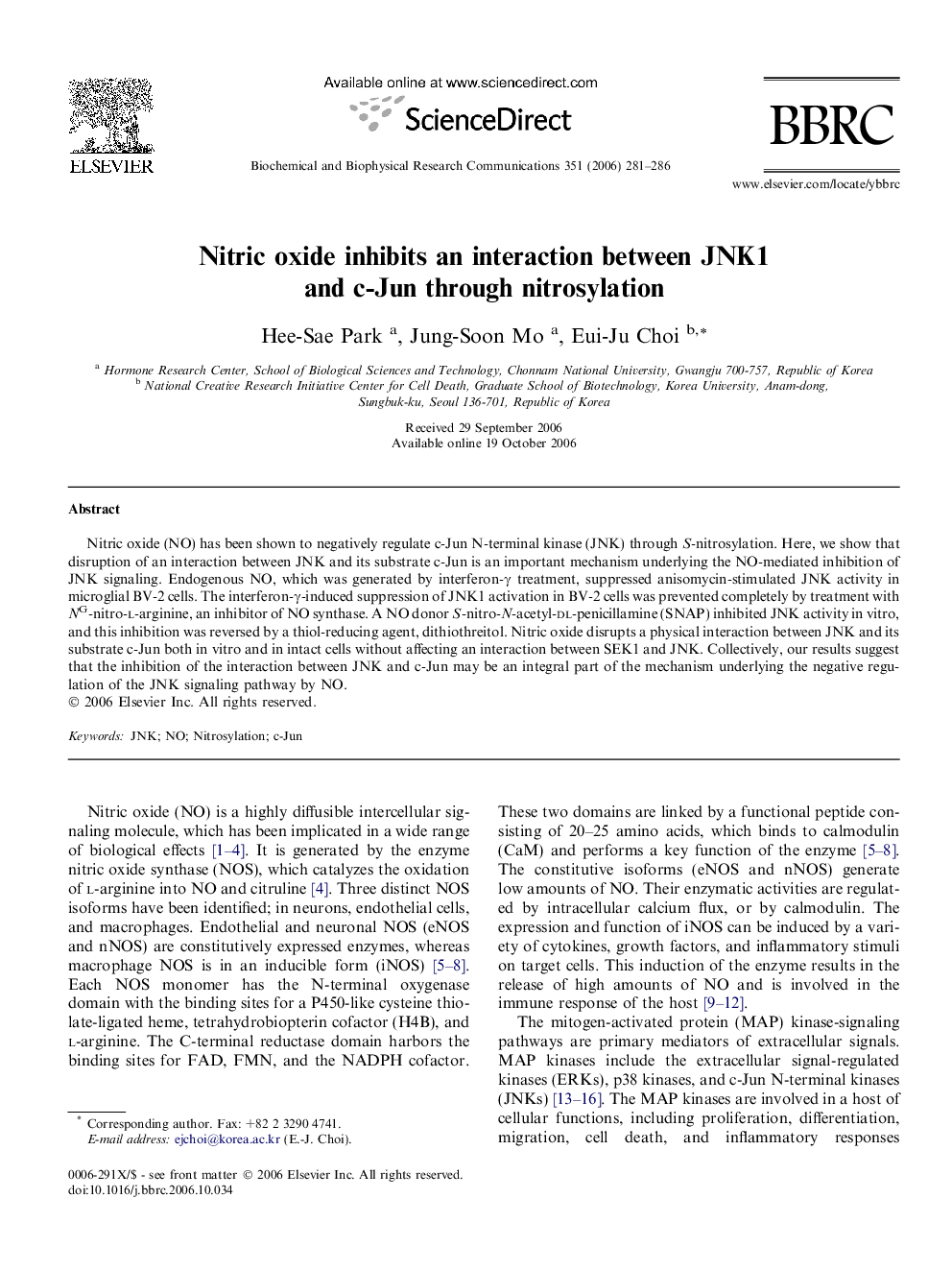 Nitric oxide inhibits an interaction between JNK1 and c-Jun through nitrosylation