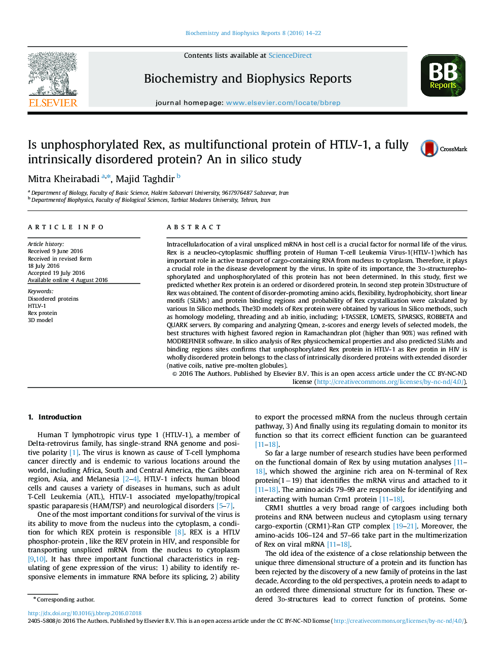 Is unphosphorylated Rex, as multifunctional protein of HTLV-1, a fully intrinsically disordered protein? An in silico study