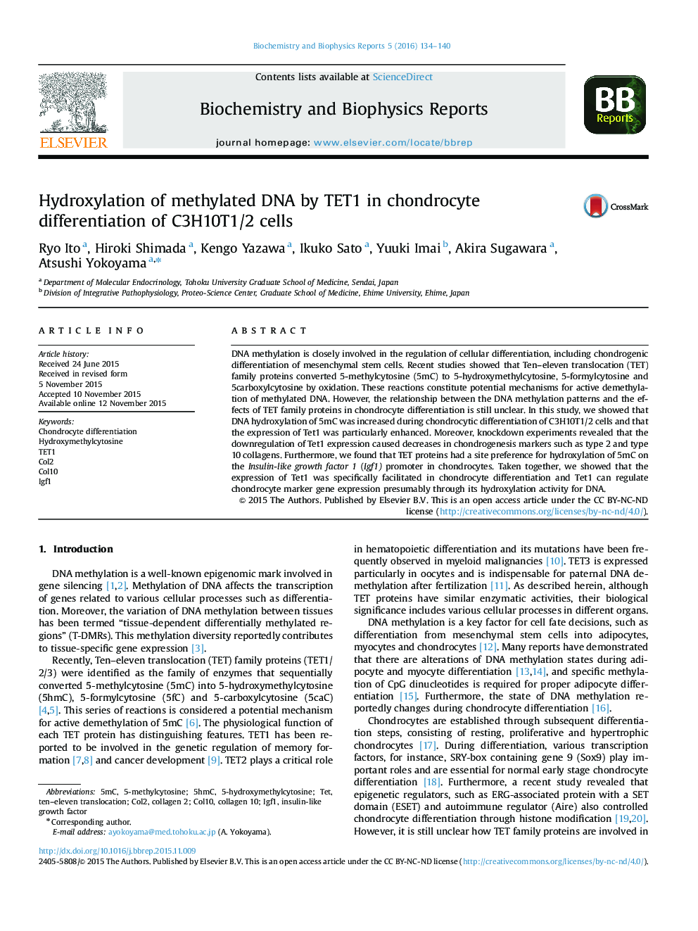 Hydroxylation of methylated DNA by TET1 in chondrocyte differentiation of C3H10T1/2 cells