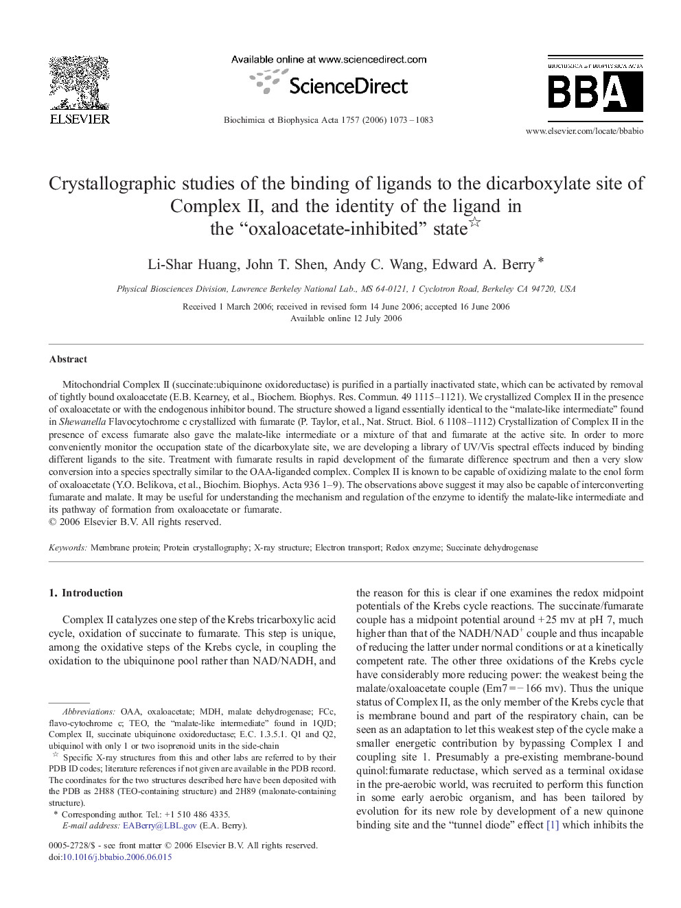 Crystallographic studies of the binding of ligands to the dicarboxylate site of Complex II, and the identity of the ligand in the “oxaloacetate-inhibited” state 