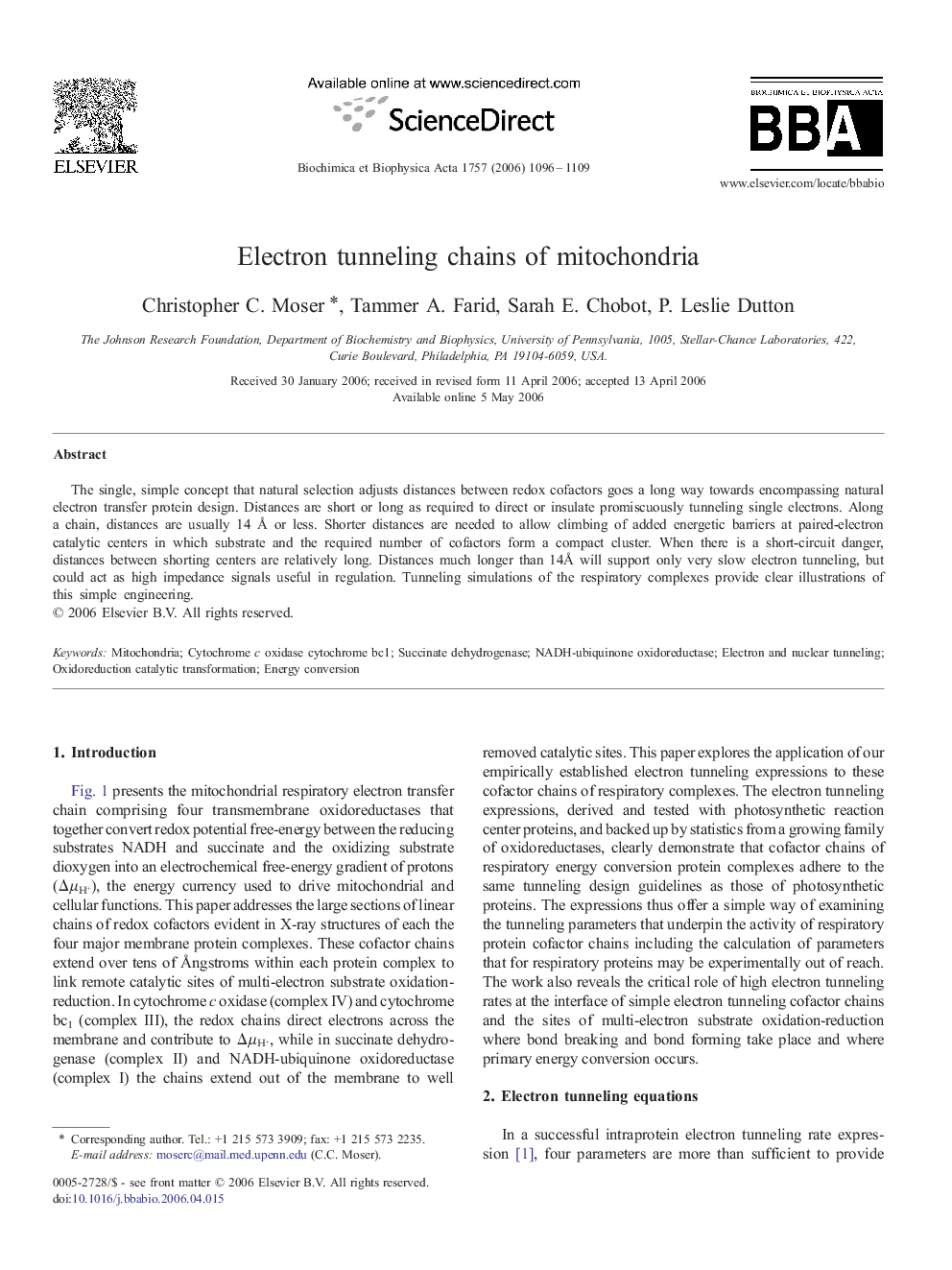 Electron tunneling chains of mitochondria