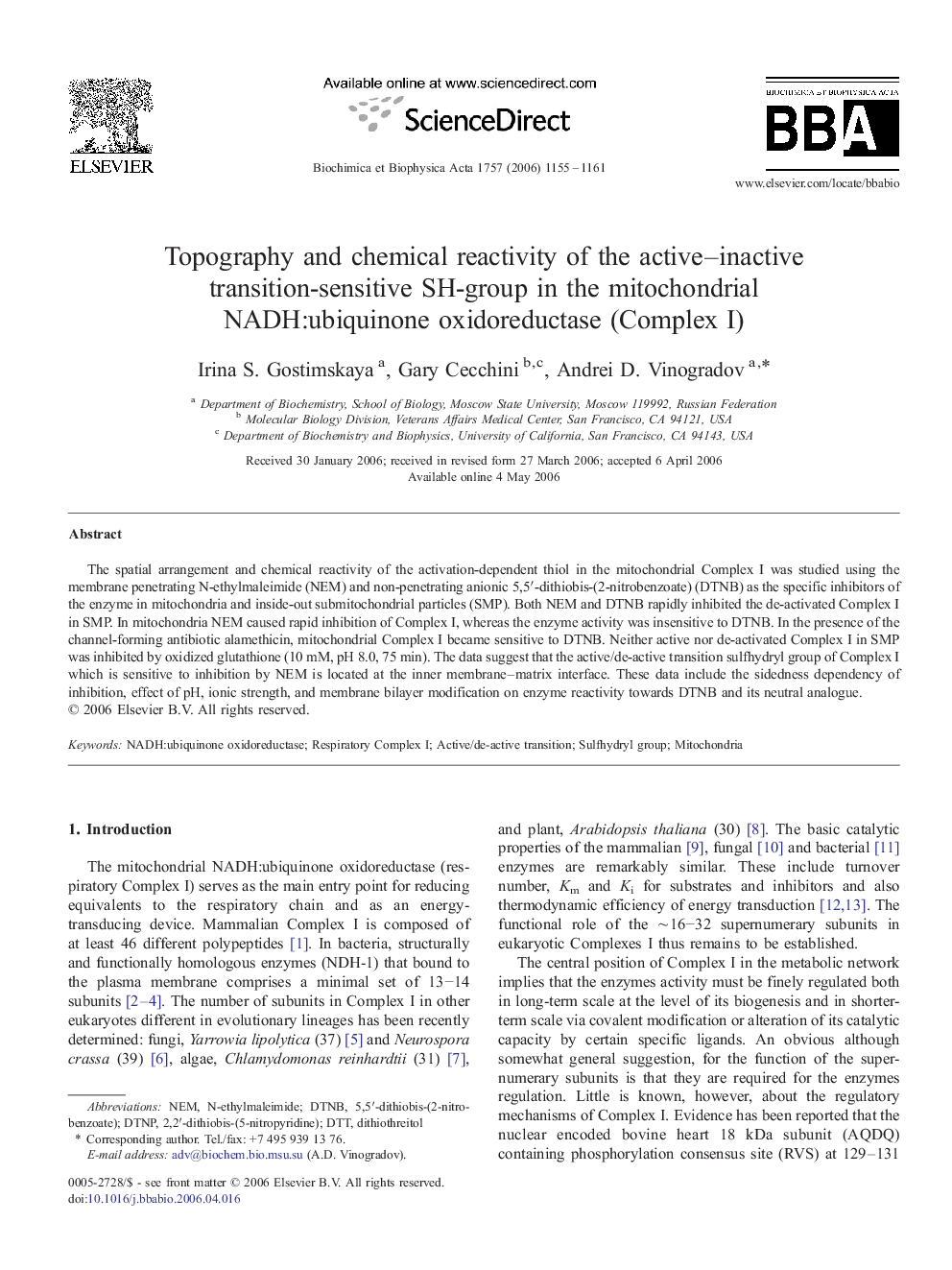 Topography and chemical reactivity of the active–inactive transition-sensitive SH-group in the mitochondrial NADH:ubiquinone oxidoreductase (Complex I)