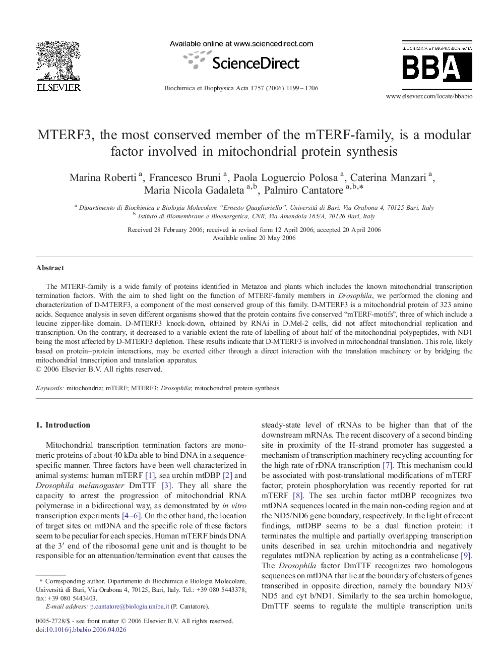 MTERF3, the most conserved member of the mTERF-family, is a modular factor involved in mitochondrial protein synthesis