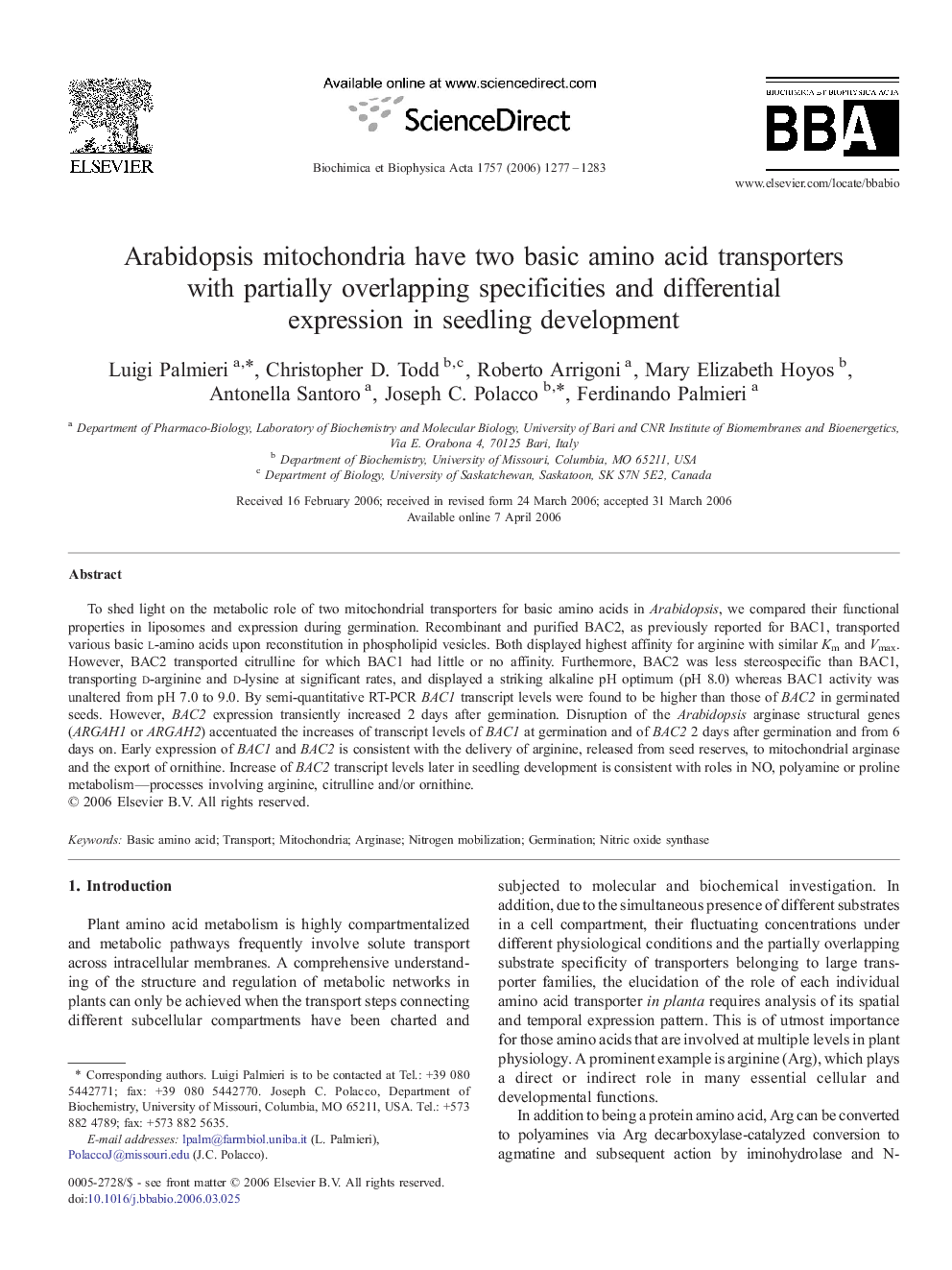 Arabidopsis mitochondria have two basic amino acid transporters with partially overlapping specificities and differential expression in seedling development