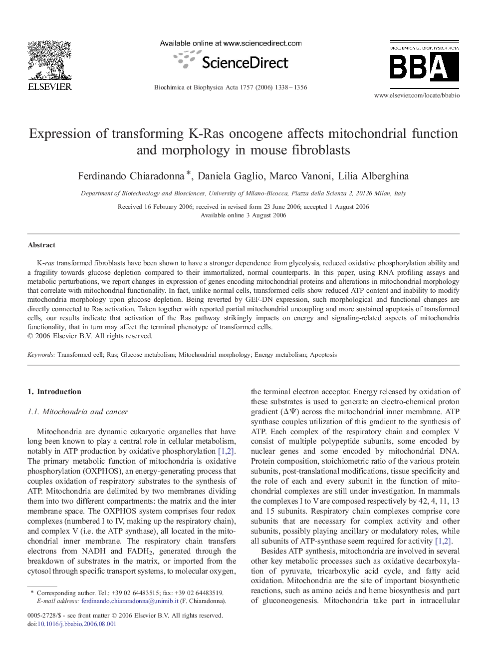 Expression of transforming K-Ras oncogene affects mitochondrial function and morphology in mouse fibroblasts