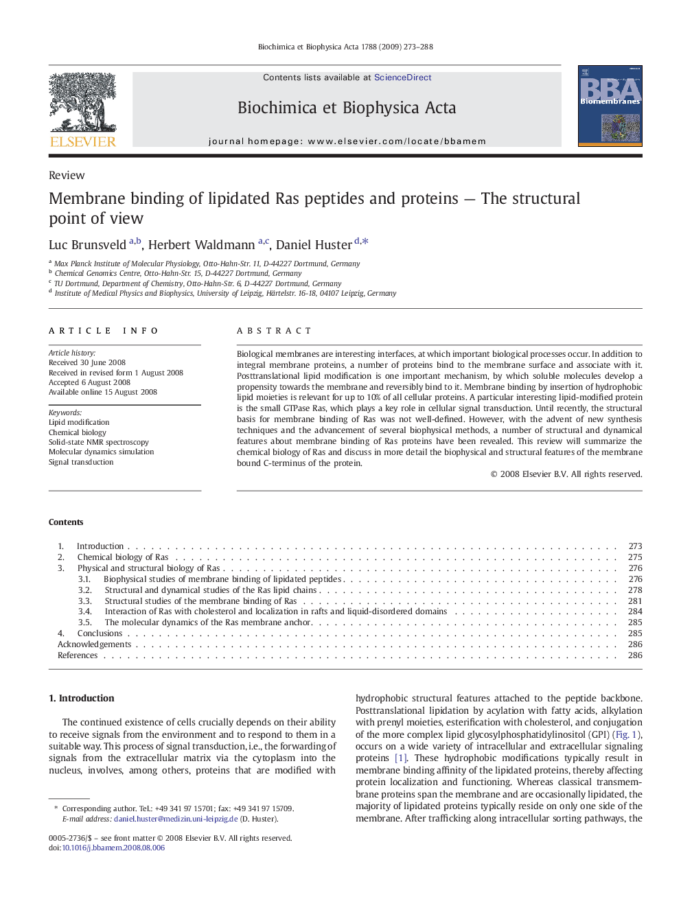 Membrane binding of lipidated Ras peptides and proteins — The structural point of view