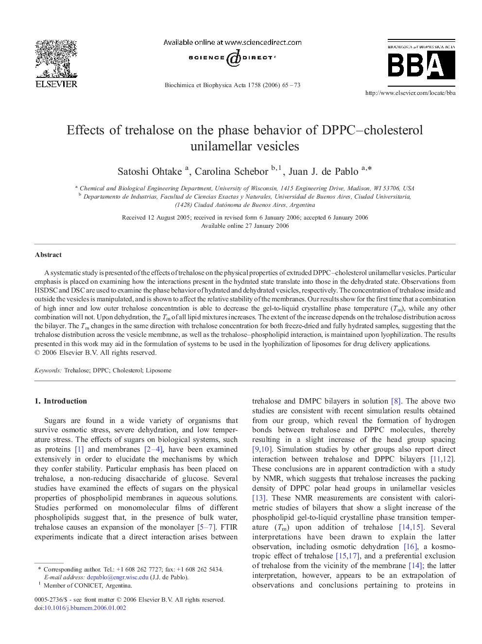 Effects of trehalose on the phase behavior of DPPC–cholesterol unilamellar vesicles