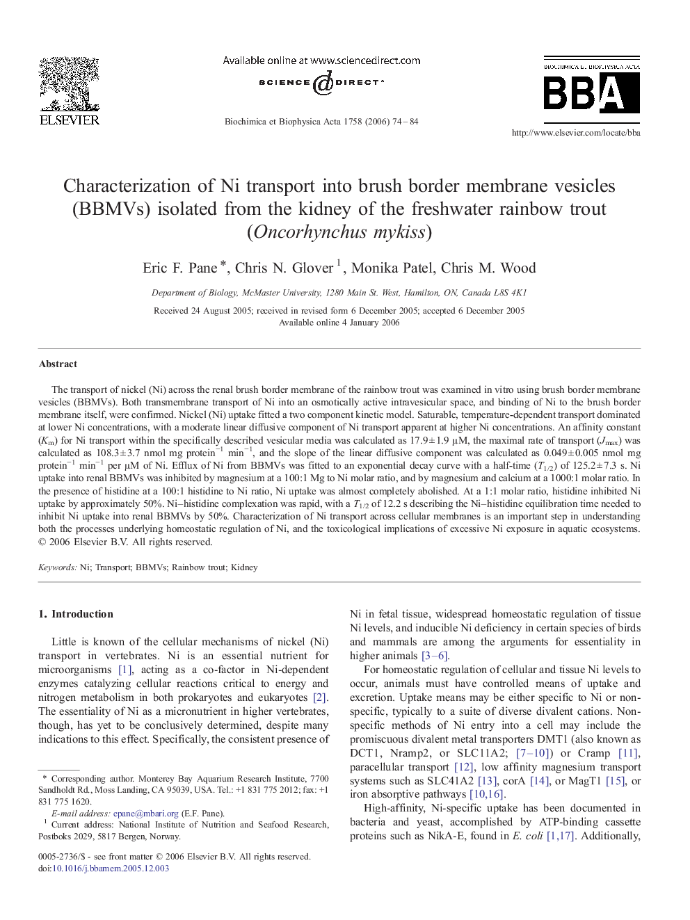 Characterization of Ni transport into brush border membrane vesicles (BBMVs) isolated from the kidney of the freshwater rainbow trout (Oncorhynchus mykiss)