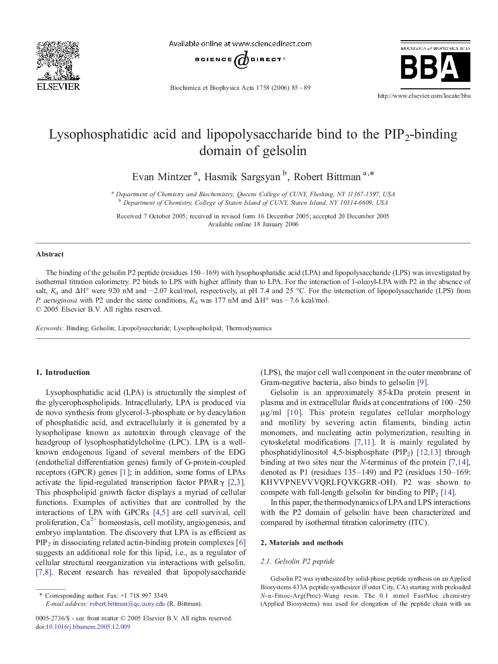 Lysophosphatidic acid and lipopolysaccharide bind to the PIP2-binding domain of gelsolin