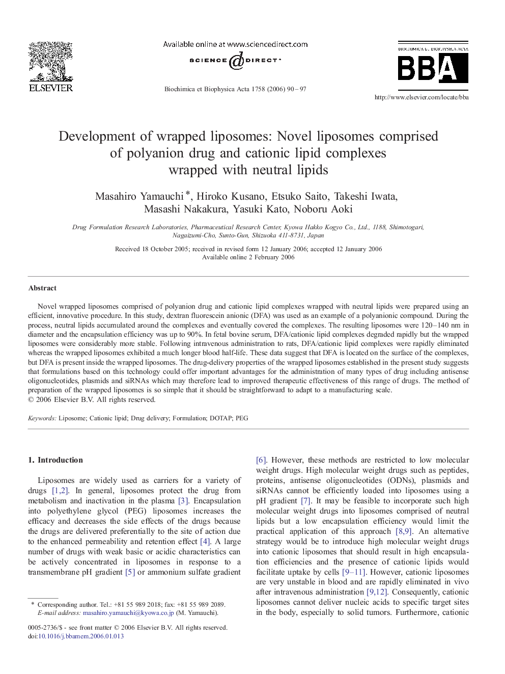 Development of wrapped liposomes: Novel liposomes comprised of polyanion drug and cationic lipid complexes wrapped with neutral lipids