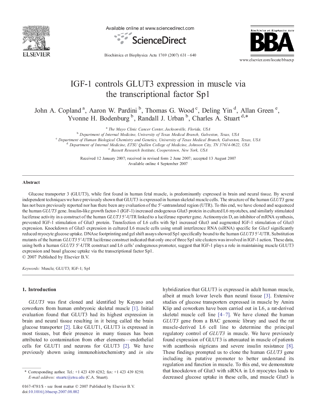 IGF-1 controls GLUT3 expression in muscle via the transcriptional factor Sp1