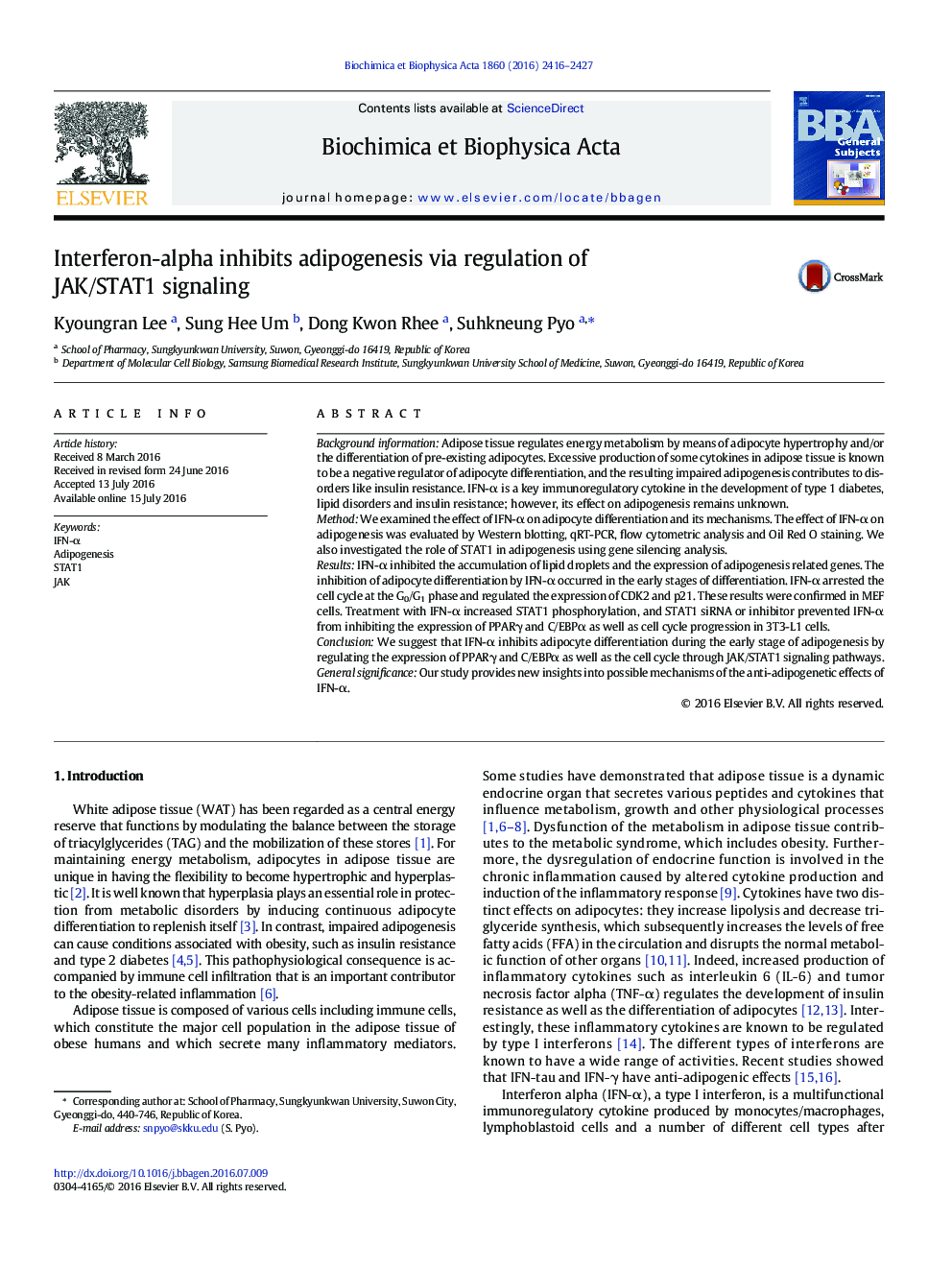 Interferon-alpha inhibits adipogenesis via regulation of JAK/STAT1 signaling