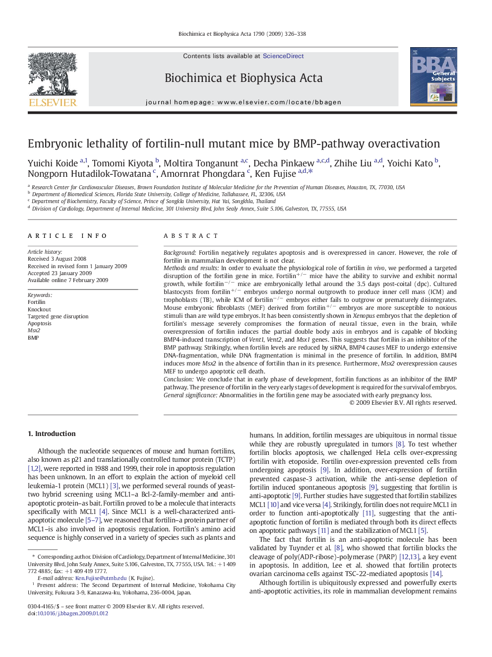 Embryonic lethality of fortilin-null mutant mice by BMP-pathway overactivation