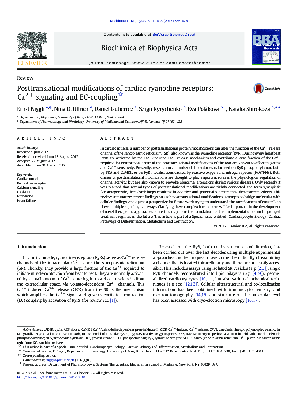 Posttranslational modifications of cardiac ryanodine receptors: Ca2 + signaling and EC-coupling 