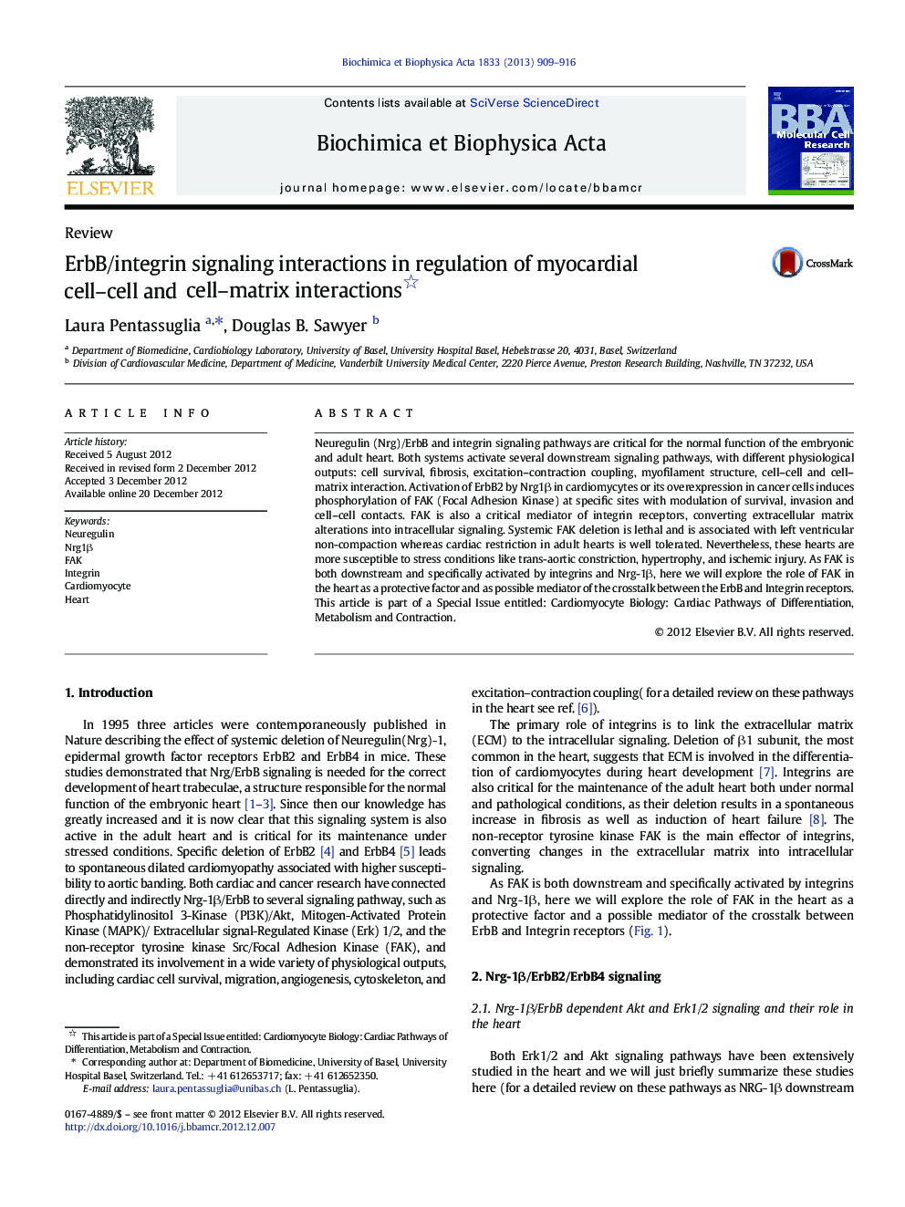 ErbB/integrin signaling interactions in regulation of myocardial cell–cell and cell–matrix interactions 