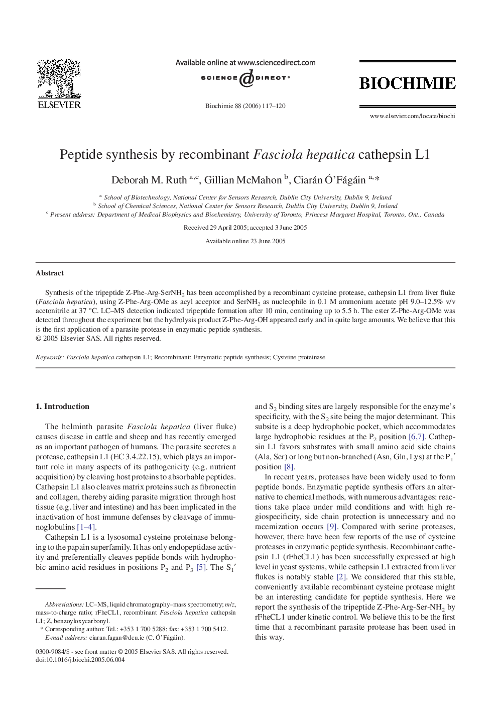 Peptide synthesis by recombinant Fasciola hepatica cathepsin L1