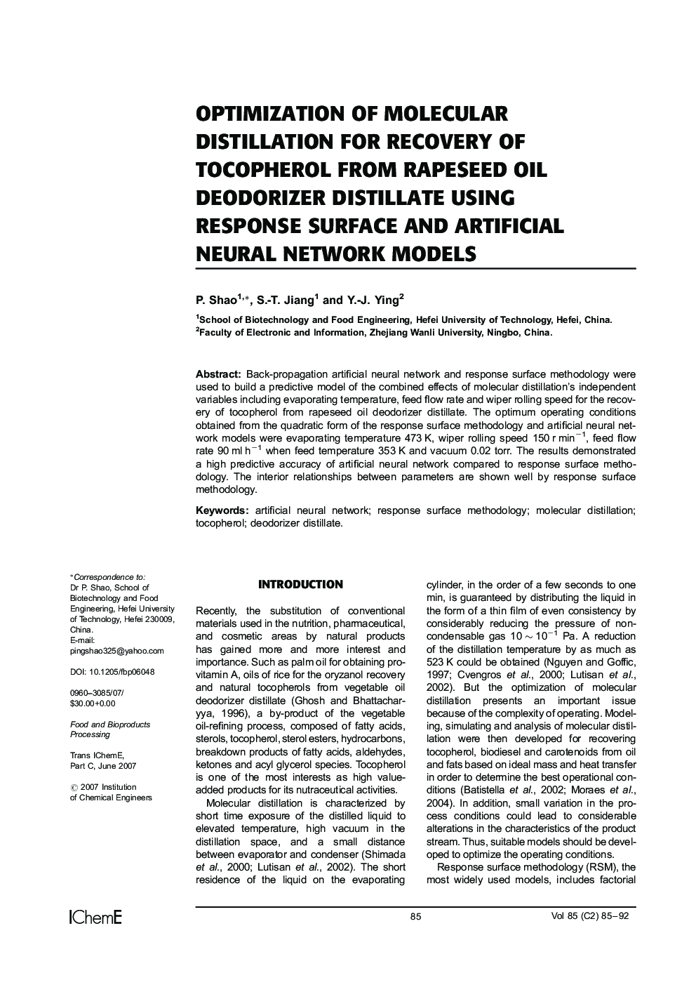 Optimization of Molecular Distillation for Recovery of Tocopherol from Rapeseed Oil Deodorizer Distillate Using Response Surface and Artificial Neural Network Models