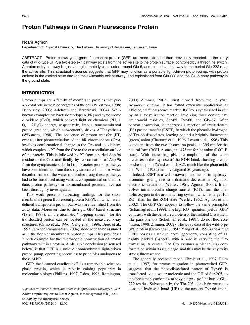 Proton Pathways in Green Fluorescence Protein