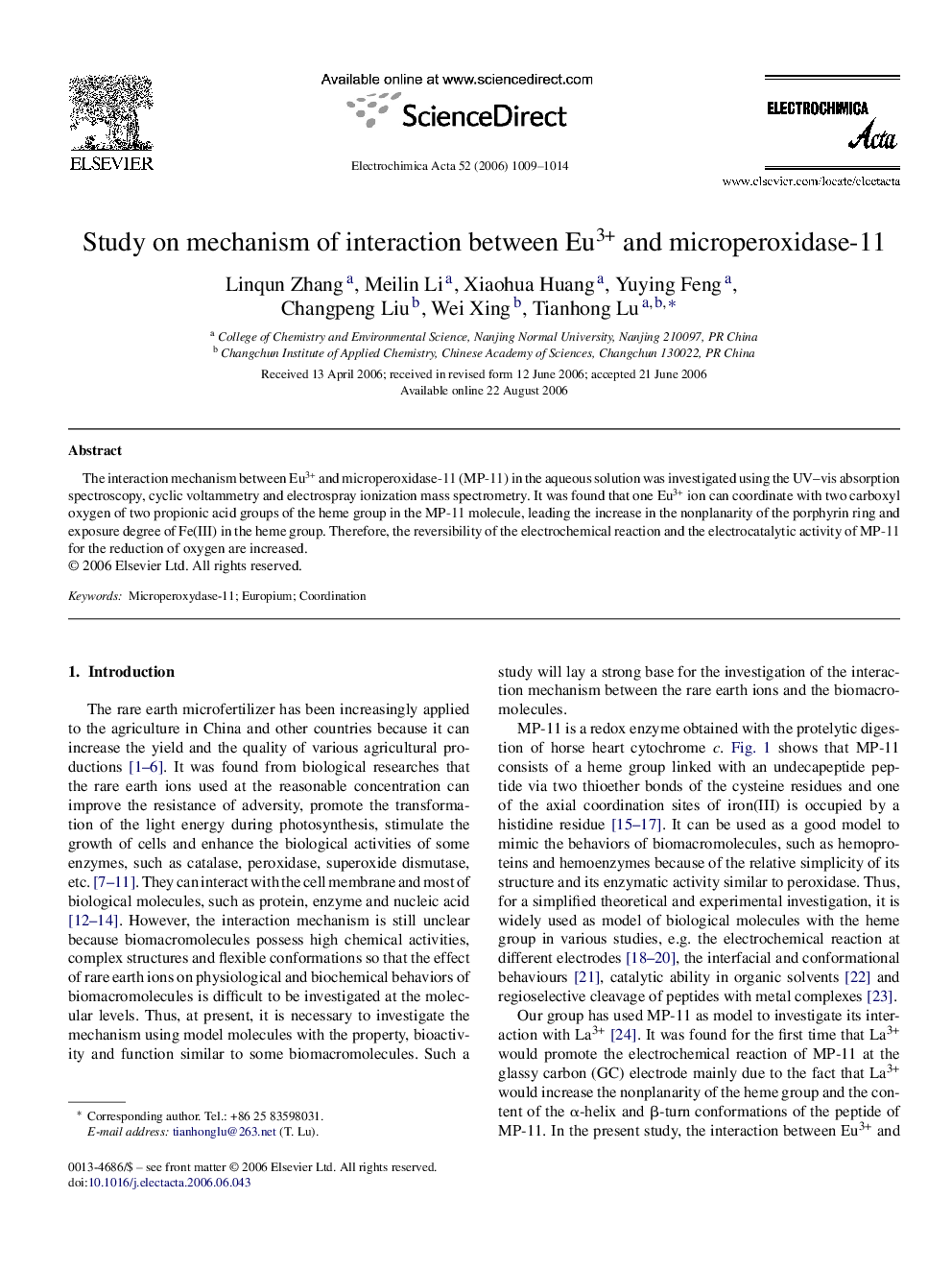 Study on mechanism of interaction between Eu3+ and microperoxidase-11