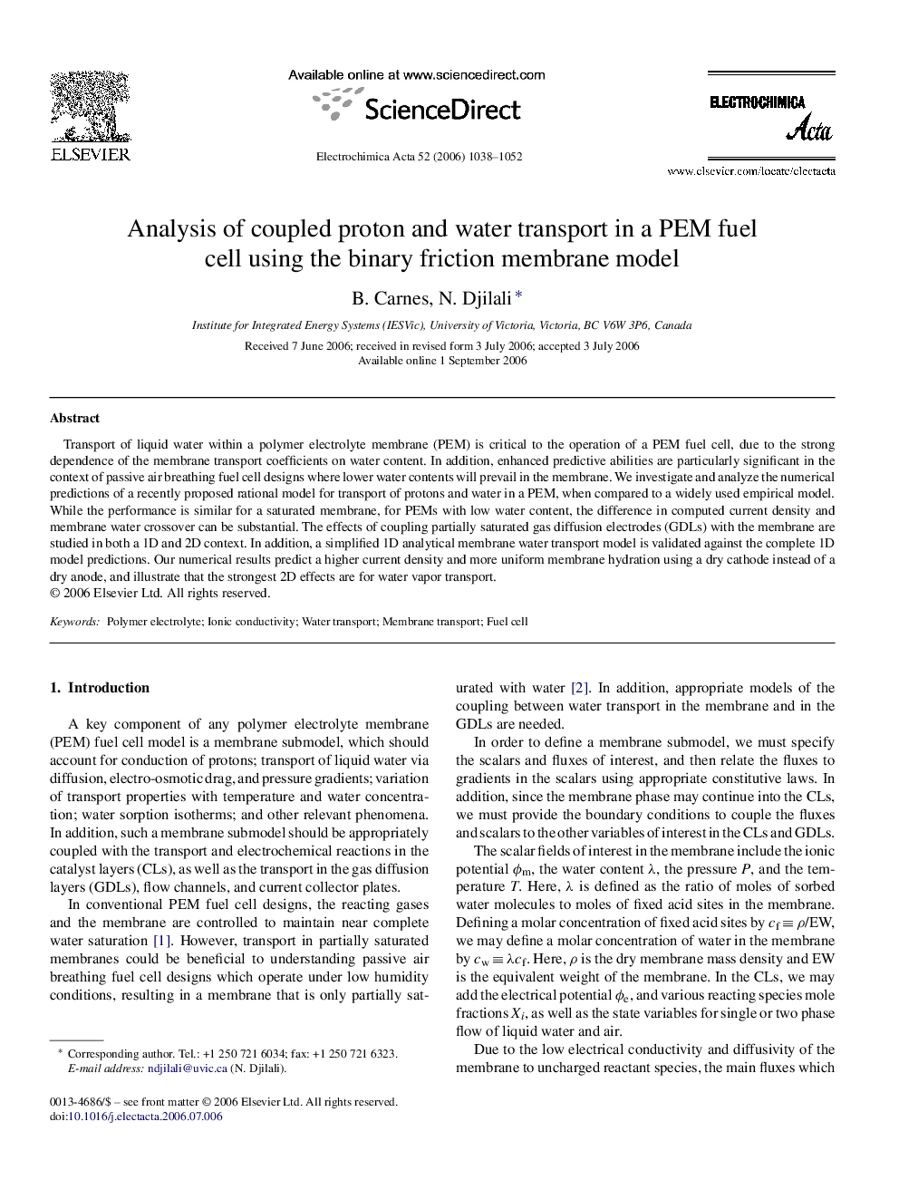 Analysis of coupled proton and water transport in a PEM fuel cell using the binary friction membrane model