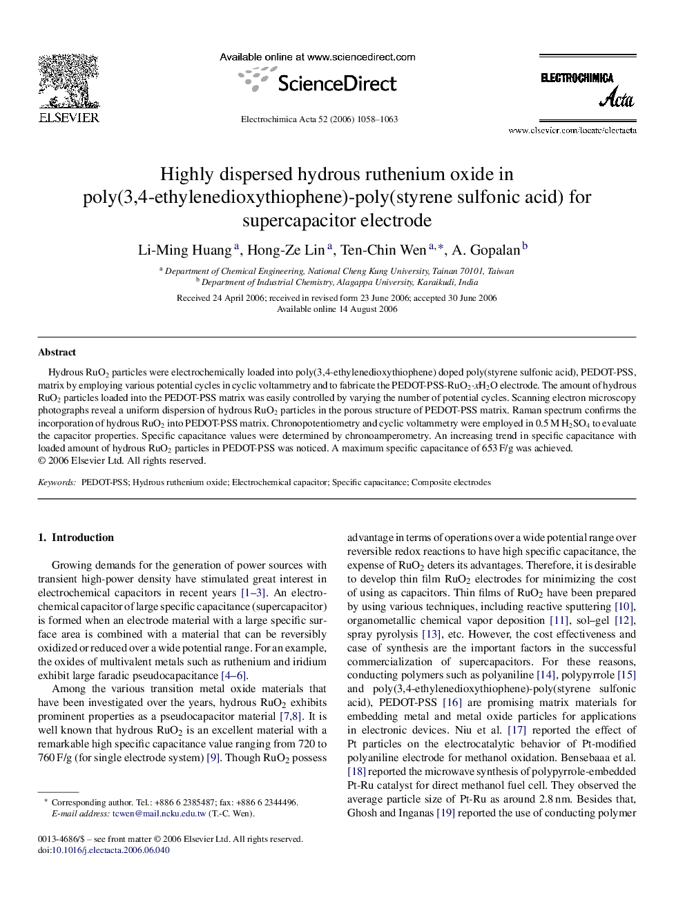 Highly dispersed hydrous ruthenium oxide in poly(3,4-ethylenedioxythiophene)-poly(styrene sulfonic acid) for supercapacitor electrode