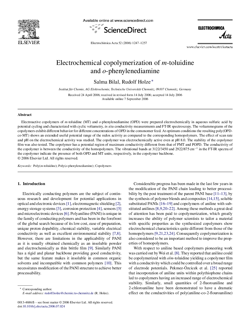 Electrochemical copolymerization of m-toluidine and o-phenylenediamine