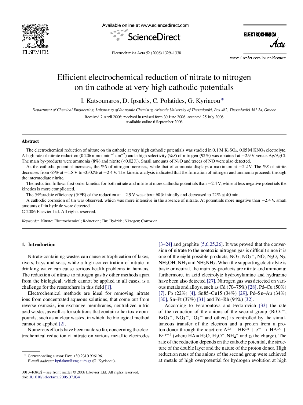 Efficient electrochemical reduction of nitrate to nitrogen on tin cathode at very high cathodic potentials