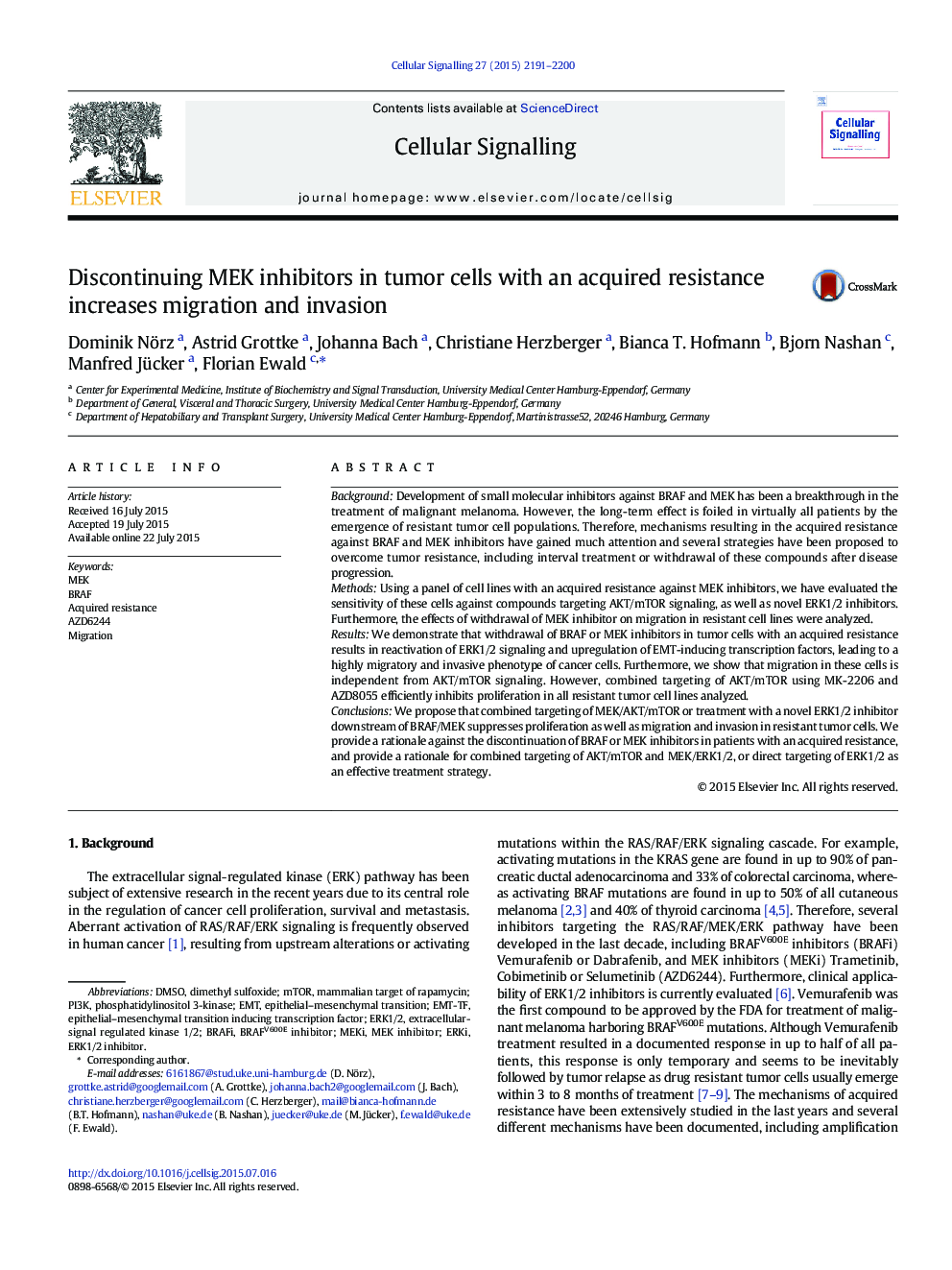 Discontinuing MEK inhibitors in tumor cells with an acquired resistance increases migration and invasion