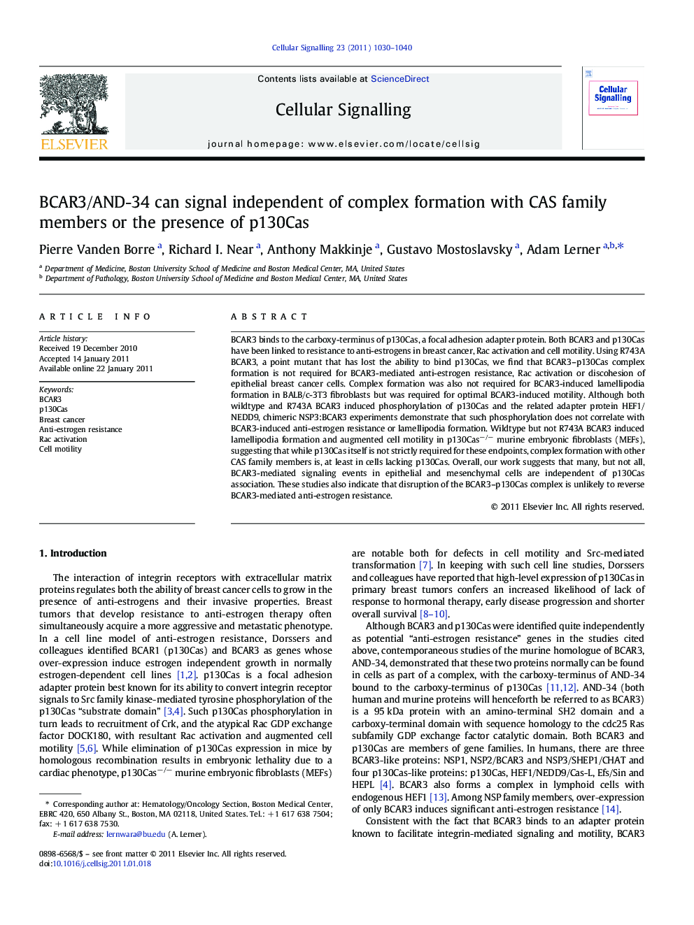 BCAR3/AND-34 can signal independent of complex formation with CAS family members or the presence of p130Cas